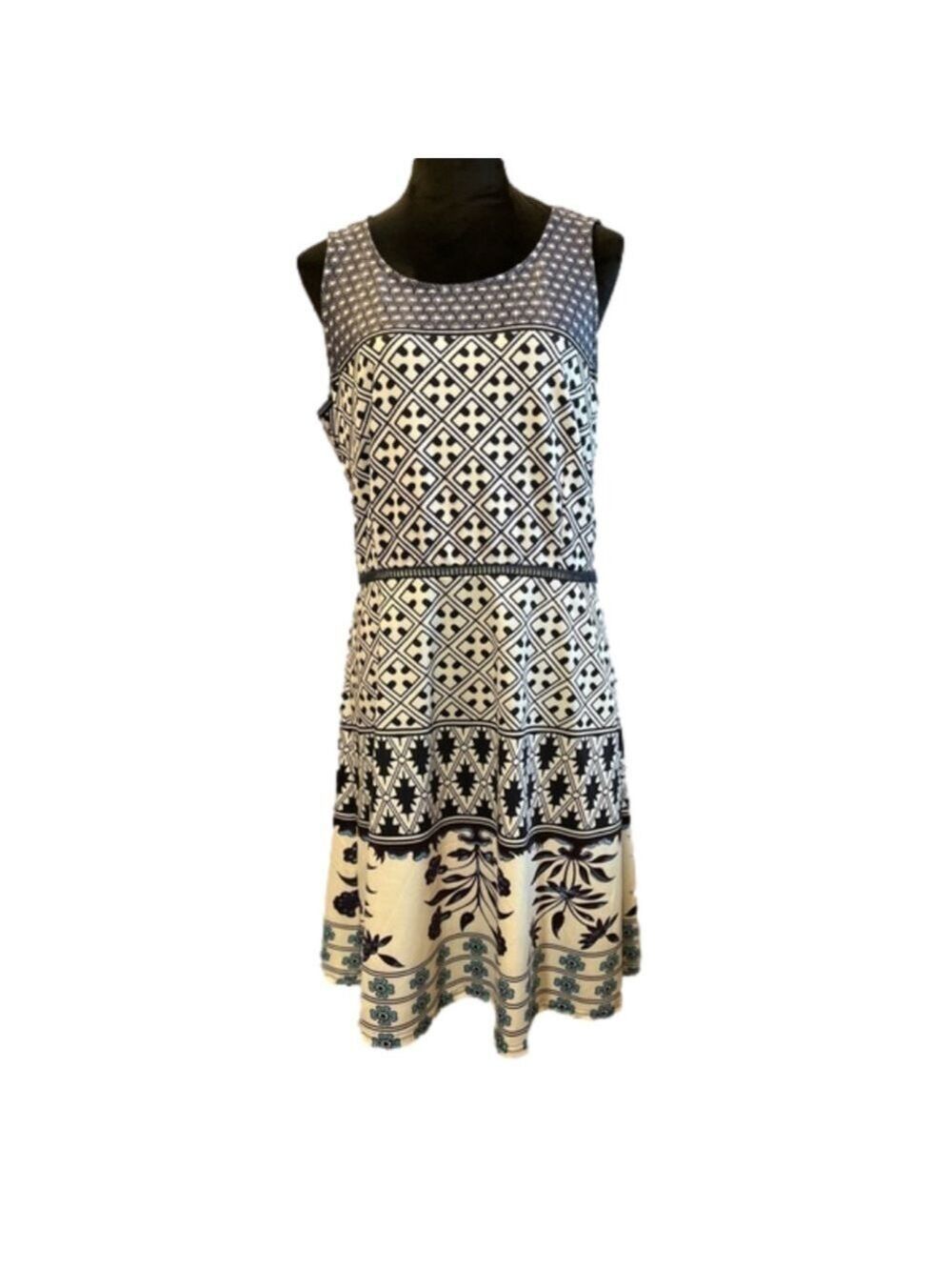 Young Threads geometric batik floral blue white teal dress size L. EUC